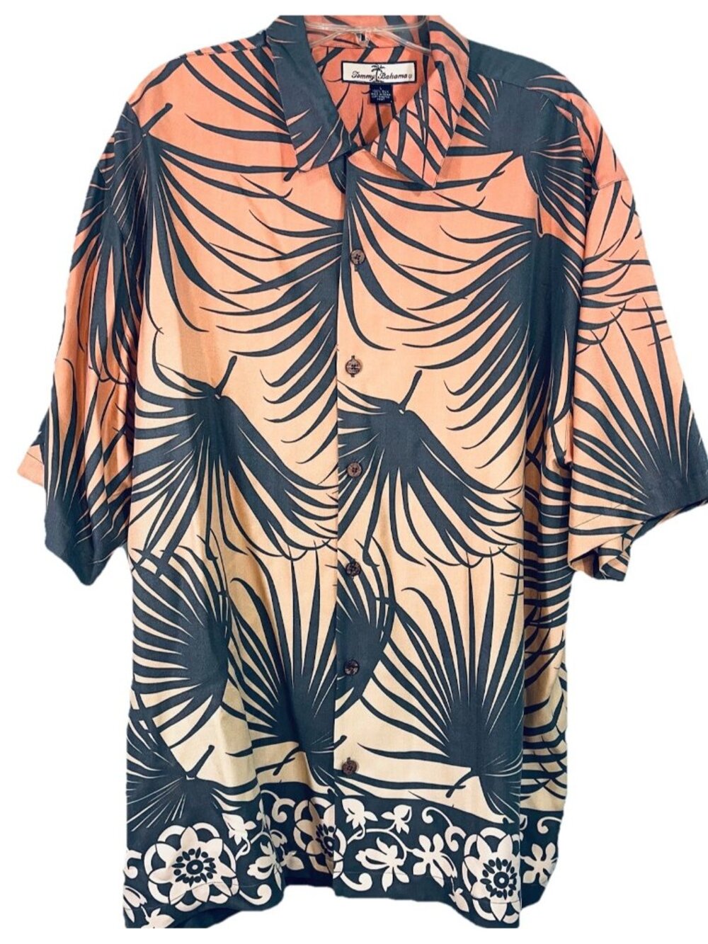 Tommy Bahama 100% Silk Camp Shirt Mens Botanical Palm Tree Print Color Fade Sz L